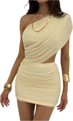 Minivestido feminino de um ombro só, sem mangas, franzido, colado ao corpo, para sair à noite