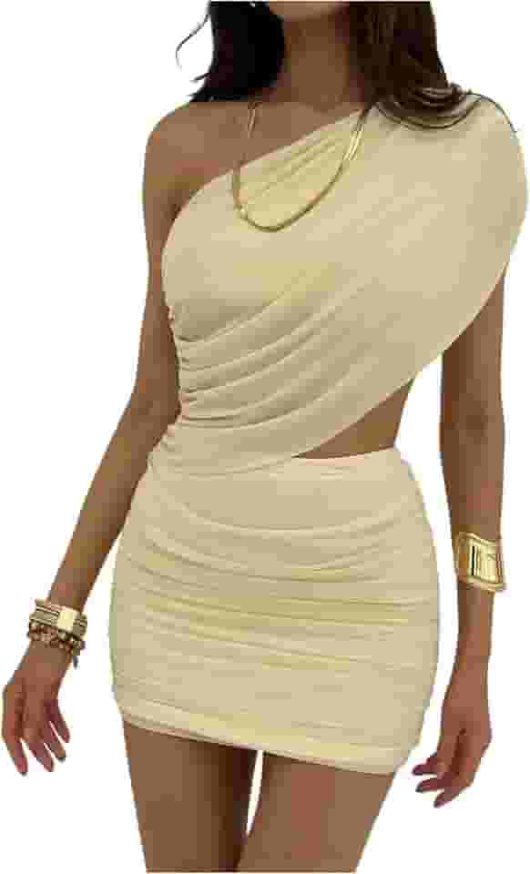 Minivestido feminino de um ombro só, sem mangas, franzido, colado ao corpo, para sair à noite