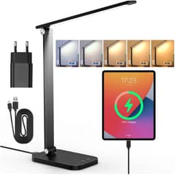 Luminária de Mesa LED com Dupla Alimentação Tomada e USB, 50 LEDs 320Lm, Dimerização Contínua 3000K-6000K, Timer 45min, Toque Sensível, Ideal para Escritório, Estudo e Quarto, Preto