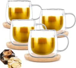 CONJUNTO 4 XICARAS DE CAFÉ 80ML EM BOROSSILICATO DE PAREDE DUPLA COM 4 PIRES DE BAMBÚ ECOLÓGICO