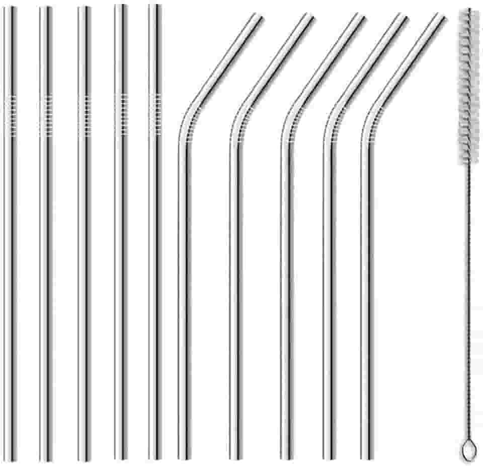 Canudo Inox Reutilizável Ecológico 10 Unidades 5 Retos 5 Curvos + Escova
