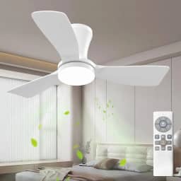 Ventilador de Teto Branco de Três Pás de 91 cm com Luz LED, Motor DC Silencioso, Controle Remoto, 6 Velocidades, 100V-240V, Função Reversível e Instalação Flush Mount