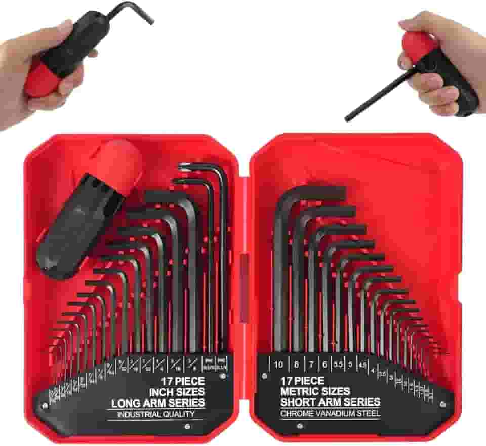 Jogo de 35 Peças Chave Allen com Manopla Auxiliar - Métrico (0.7-10mm) e Imperial (0.028-3/8") - Kit Completo para Manutenção