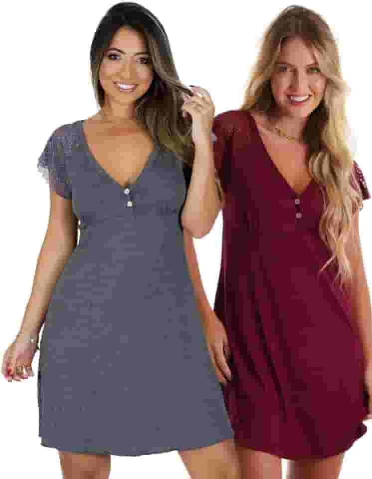 Kit com 2 Camisolas em Viscose com Detalhes Renda Estilo Camiseta Noite Dormir Amamentação Maternidade
