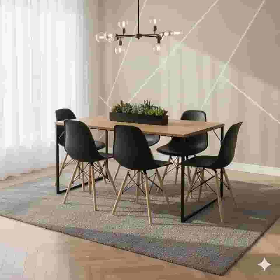 Conjunto Industrial Moderno Mesa de Jantar 120x80cm em MDF Freijó com 6 Cadeiras Eiffel Pretas, Base em Madeira, para Sala de Jantar e Cozinha