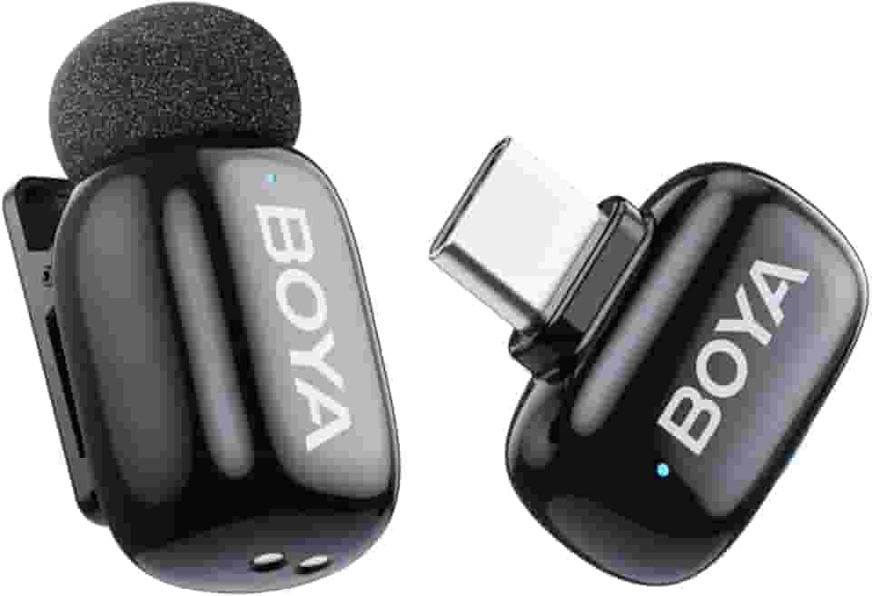 BOYA Mini microfones sem fio para iPhone 15-16/Android/PC com plugue USB-C, cancelamento de ruído AI de 3 níveis, trocador de voz, bateria de 100 metros 6h para gravação de vídeo, podcast, entrevista