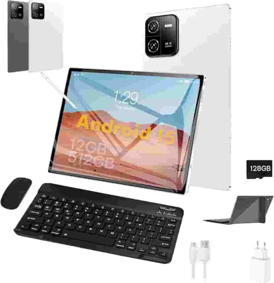 3 em 1 Tablet, com Capa/Teclado/Mouse, 10.1 Polegada, 1920×1200 Tela, 1920x1200 Tela Processador Octa-Core, 12GB RAM+512GB ROM, Câmera de 16MP + 32MP, Android 15, 8000mAh, Versão WiFi (branco)