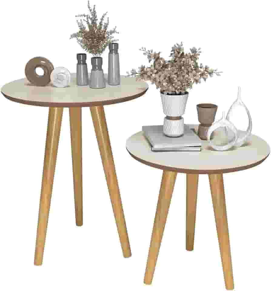 Duas Mesinhas Mesa Lateral Retro Pés Palito Para Escritório sala Quarto (Off White Freijó)