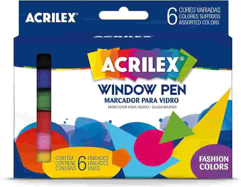 Kit Marcadores para Vidro Acrilex Window Pen 6 Cores – Canetas Para Vidro, Espelho, Janelas e Superfícies Lisas com Tinta à Base de Água Removível