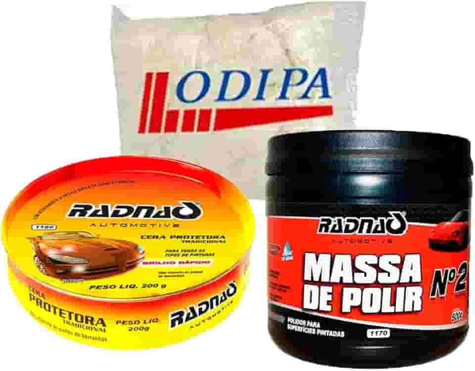 Kit Polimento Automotivo Massa De Polir N°2 500g Tira Risco + Cera Protetora Tradicional 200g RADNAQ + Estopa Odipa