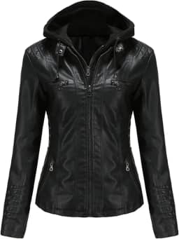 WSLCN Jaqueta de Couro Sintético Feminino Jaquetas de Motociclista com Capuz Removível