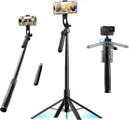 Basike Tripé para Celular 1,8m – Bastão de Selfie Dobrável Portátil com Controle Remoto, Rotação 360°, Base Quadrúpede Reforçada, Pau de Selfie com Parafuso 1/4" Compatível com Câmeras, GoPro e iPhone