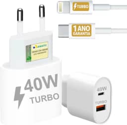 Carregador Turbo 40W Compatível iPhone 7 8 X XR XS 11 12 13 14 Pro Max Plus iPad iOS Cabo USB-C Lightning Duas Saídas USB-A Tipo-C Carga Rápida PD Ultra Resistente Premium Original Potente 10CLICK®