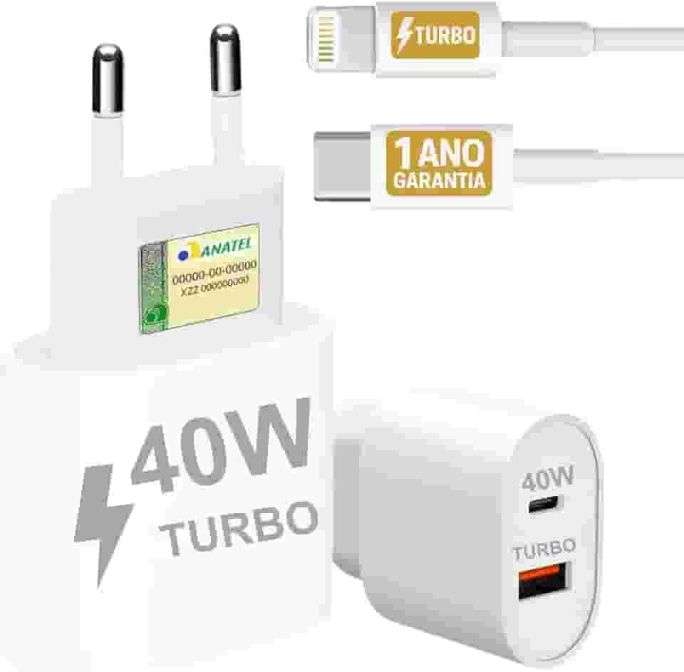 Carregador Turbo 40W Compatível iPhone 7 8 X XR XS 11 12 13 14 Pro Max Plus iPad iOS Cabo USB-C Lightning Duas Saídas USB-A Tipo-C Carga Rápida PD Ultra Resistente Premium Original Potente 10CLICK®