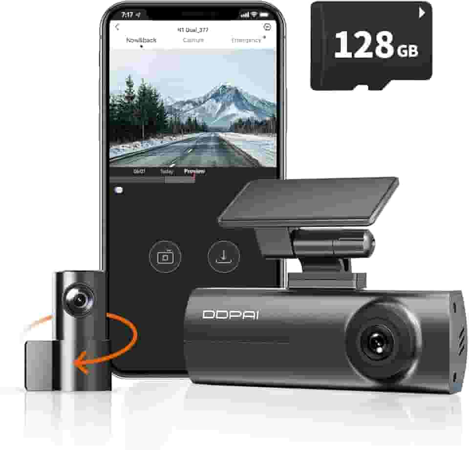 DDPAI N1 Dual Câmera Veicular Frontal Traseira 1296P+1080P, Dachcam com WiFi, Câmera para Carro com Visão Noturna, Aplicativo, Supercapacitor, Gravação em Loops, Estacionamento 24H (N1+128G Cartão SD)