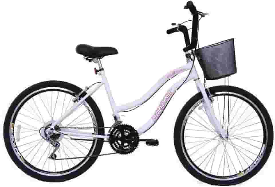 Bicicleta Feminina 26 Beach Branca de 18 Velocidades com Aros duplos, Pneus Slik e Cesta - Dalannio Bike
