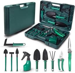 Kit de Jardinagem com 10 Peças e Maleta | Pás, Sacho, Tesoura, Foice e Mais | Ideal para Jardim, Horta e Vasos em Casa | Ferramentas Leves e Funcionais | Uso Profissional, Jardinagem Amadora ou Hobby