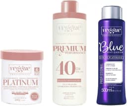 Kit Pó descolorante Azul Premium, Água Oxigenada 40 Volumes e Matizador Blue Platinado, Veggue Profissional