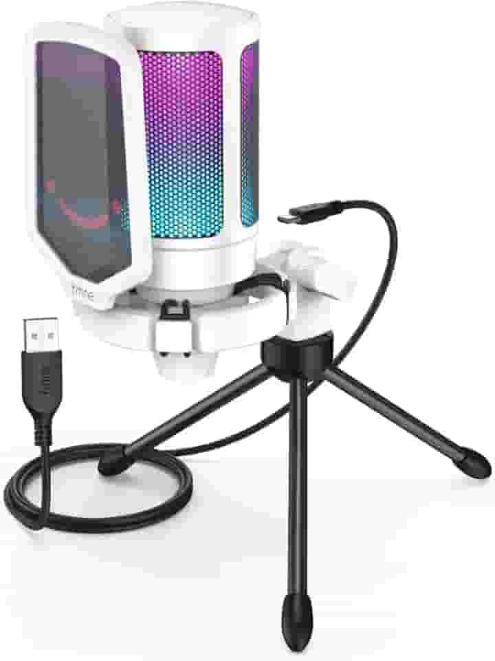 FIFINE Microfone USB, microfone para laptop de mesa de gravação de jogos para PC, microfone condensador para podcasting de transmissão RGB para jogos on-line, vocal, com botão mudo- A6V branco