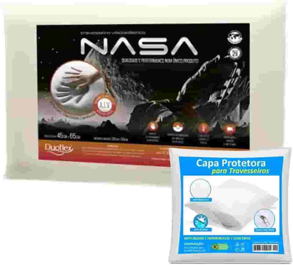 Kit Travesseiro Nasa X Antialérgico Antiácaro Original Viscoelástico Macio Confortável Duoflex + Capa Protetora impermeável com Zíper