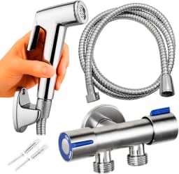 KIt Ducha higienica Com Registro Saída Dupla 1/2 Luxo 100% Metal Aço Inox 304 + Chuveirinho Com Gatilho Duchinha E Mangueira Engate Tubo de 1,50m - Sistema 1/4 Volta, Design Moderno, Alta Durabilidade