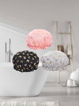 3 toucas de banho para senhoras e meninas, toucas de banho reutilizáveis à prova d'água dupla camada impermeável (forma de borboleta verde rosa preto)