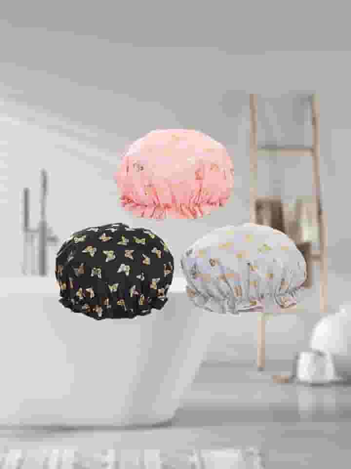 3 toucas de banho para senhoras e meninas, toucas de banho reutilizáveis à prova d'água dupla camada impermeável (forma de borboleta verde rosa preto)