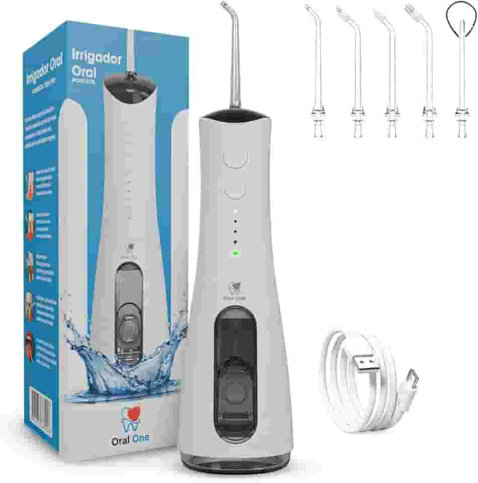 Irrigador Oral e Bucal Portátil 300ml – Jato de Água Recarregável USB – 5 Bicos – Fio Dental Elétrico Profissional para Higiene e Limpeza Oral, Aparelhos, Próteses, Coroas e Implantes | Oral One