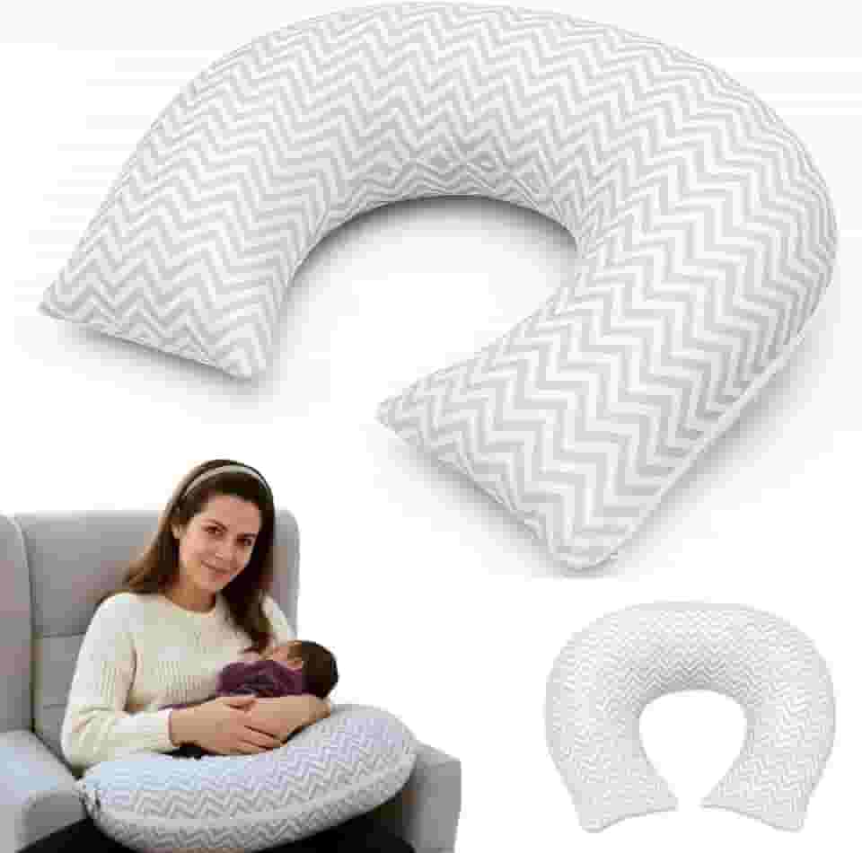 Almofada de Amamentação Travesseiro Capa Removível e Lavável 100% Algodão Macio Firme Grande Apoio Braço Monolo (Cinza Chevron)