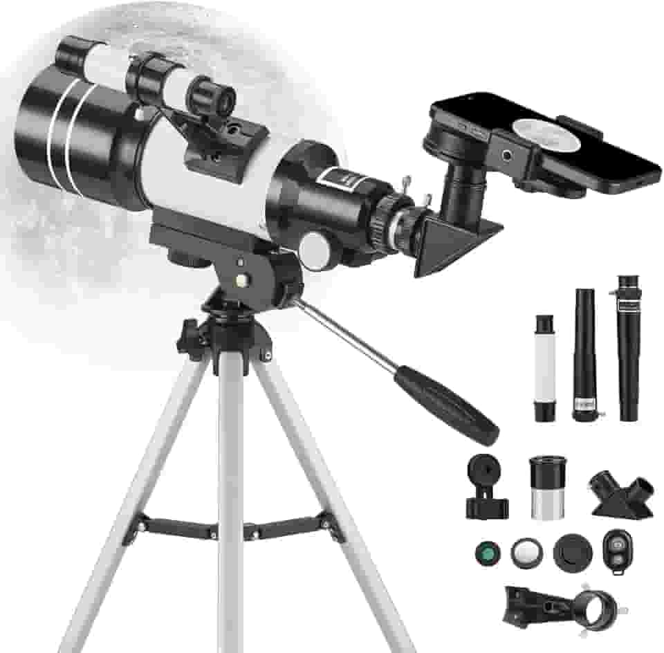 Telescópio para adultos e crianças, refrator com abertura de 70 mm (15X-150X), telescópio portátil para viagem com adaptador para celular e controle remoto sem fio