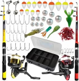 Kit de Pesca Completo, 2 Varas, 2 Molinetes com Linha, Estojo, Iscas Artificiais, Anzóis, Chumbadas e Boias