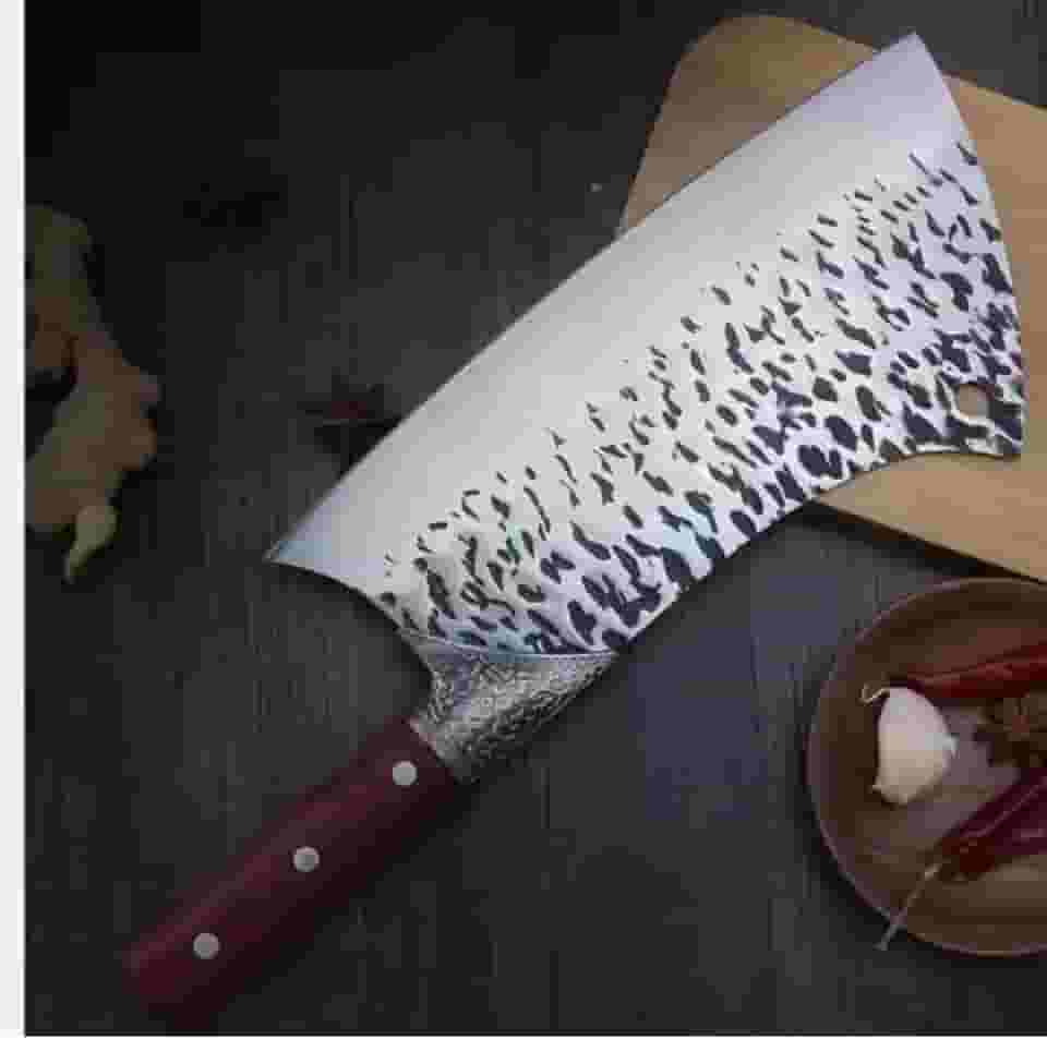 Cutelo Artesanal Rústico para Churrasco, Lâmina em Aço Inox com Padrão Forjado, Cabo Vermelho