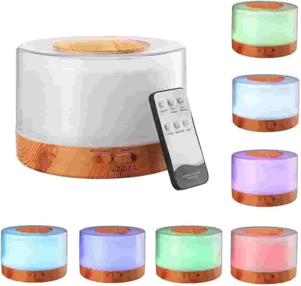 Difusor De Aromas, Umidificador De Ar Ultra-Sônico 500Ml, Difusor De Óleo Essencial, Abajur Led, Lâmpada Colorida Com Controle Remoto (MADERA CLARA)