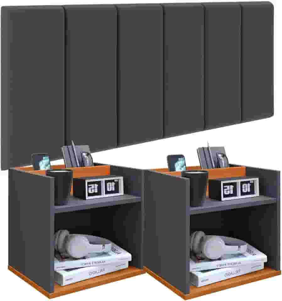 Conjunto Cabeceira Casal 140cm com Kit de Mesa de Cabeceira Suspenso com Porta Celular Madri