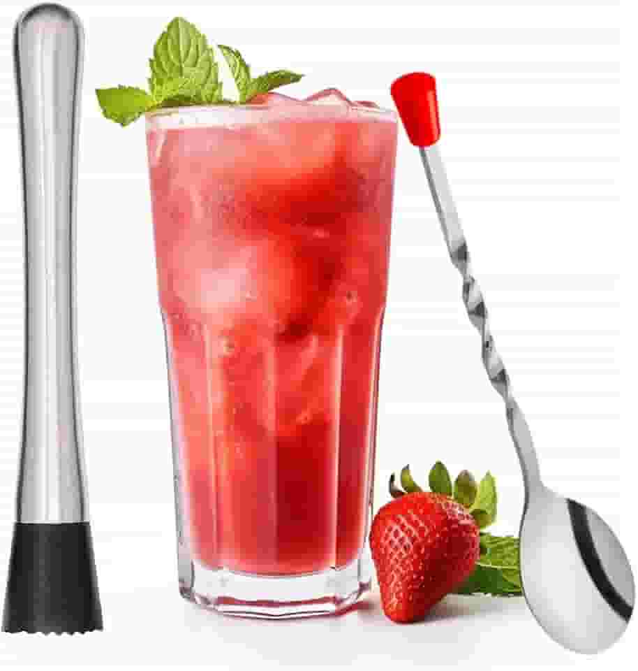 Kit Bartender Socador Macerador Caipirinha Inox Saquê Frutas Triturador de Gelo 20cm + Colher Bailarina Mexedor Misturador Drinks, Suco Leite 19cm