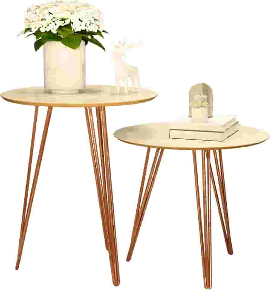 Conjunto 2 Mesinhas Laterais Apoio Sala Canto Redonda Pés De Ferro (1 - Off White Freijó)