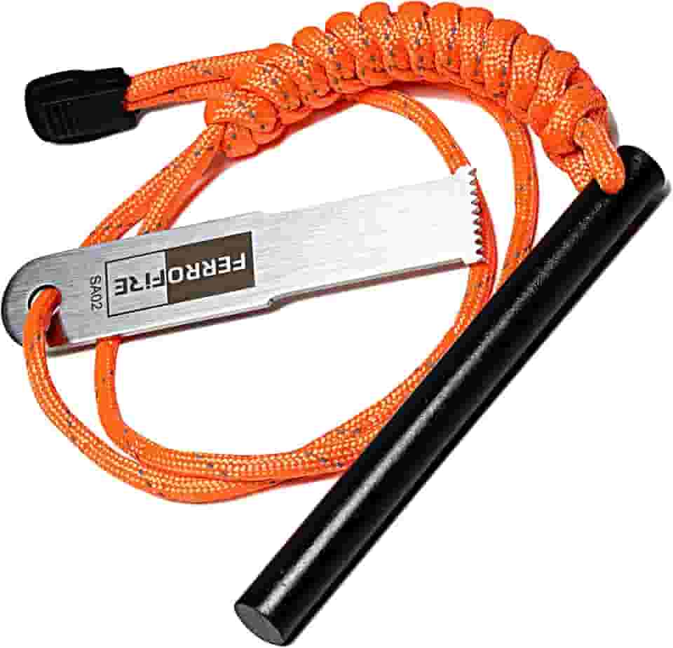 Arranque de ferro clássico super-Duty Heavy Duty com haste de ferrocério de 10 cm de comprimento de pederneira de aço carbono Striker Orange 550 Paracord alça de cordão para acampamento de
