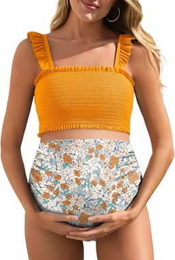 Biquíni de cintura alta para gestantes, duas peças, bainha com babados, roupa de banho floral