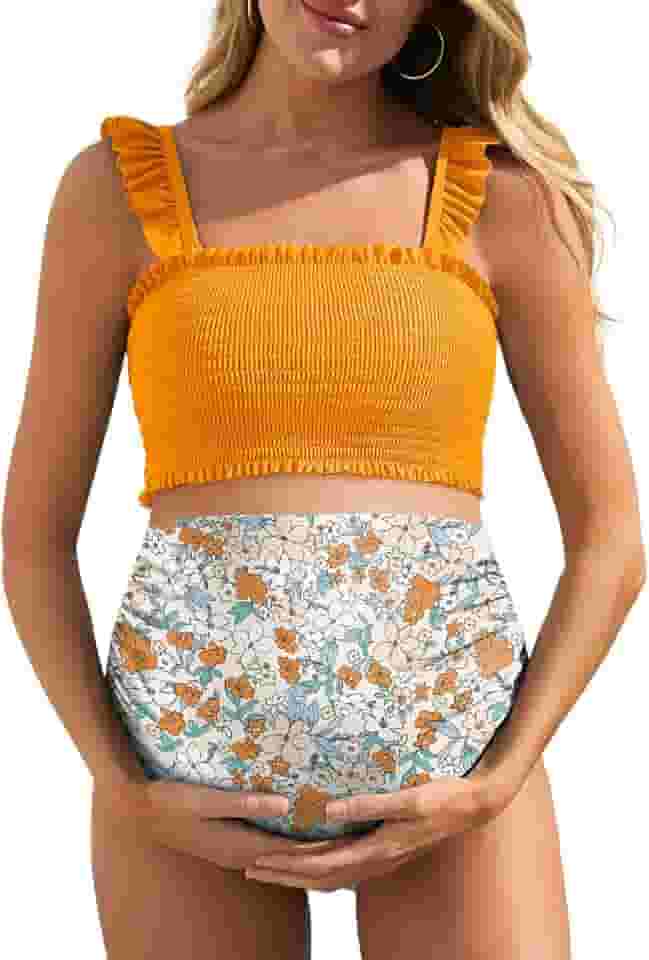 Biquíni de cintura alta para gestantes, duas peças, bainha com babados, roupa de banho floral