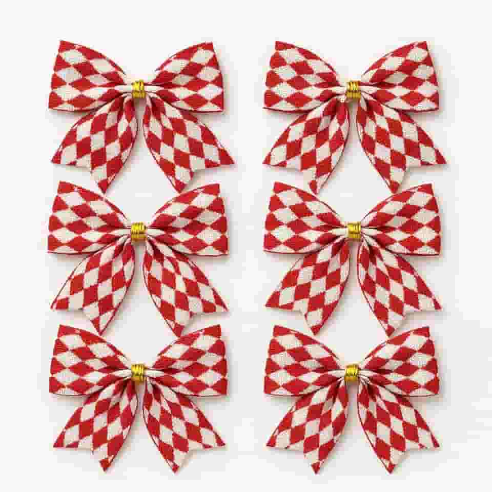 Kit com 6 Laços Decorativos Quadriculado Vermelho e Branco 10x10 cm para Decoração Natalina Premium