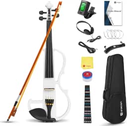 Vangoa Conjunto de violino elétrico 4/4 de tamanho completo para adolescentes iniciantes e adultos, madeira de bordo metálica, eletrônico, com acessórios de ébano, branco