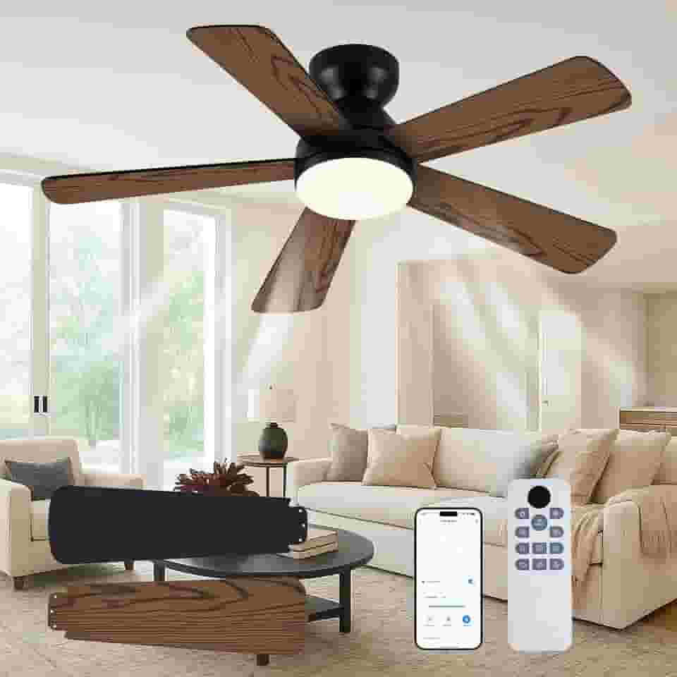 Hivento Ventilador de Teto com Luz LED de 3 Cores, Seis Velocidades, Controle Remoto/Aplicativo, Motor Reversível Silencioso, Ventiladores Teto para Quartos, Preto