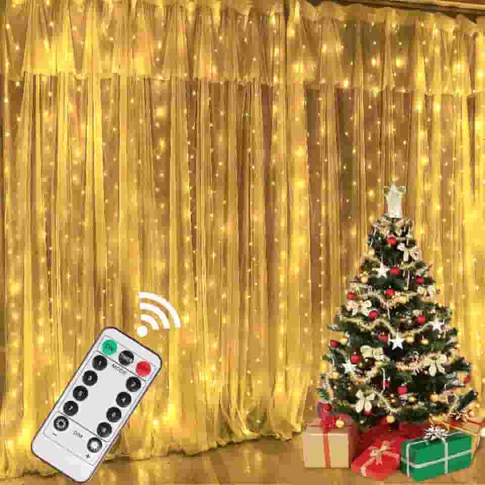 Cortina de Luz Pisca Pisca LED 3x3m 300 Leds com Controle Remoto USB – 8 Modos de Iluminação – Decoração Natal, Casamento, Festas e Quarto (Amarela)