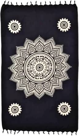 Canga de Praia Mandala, Saída de Piscina, Estampa Floral Preta e Branca com Franjas