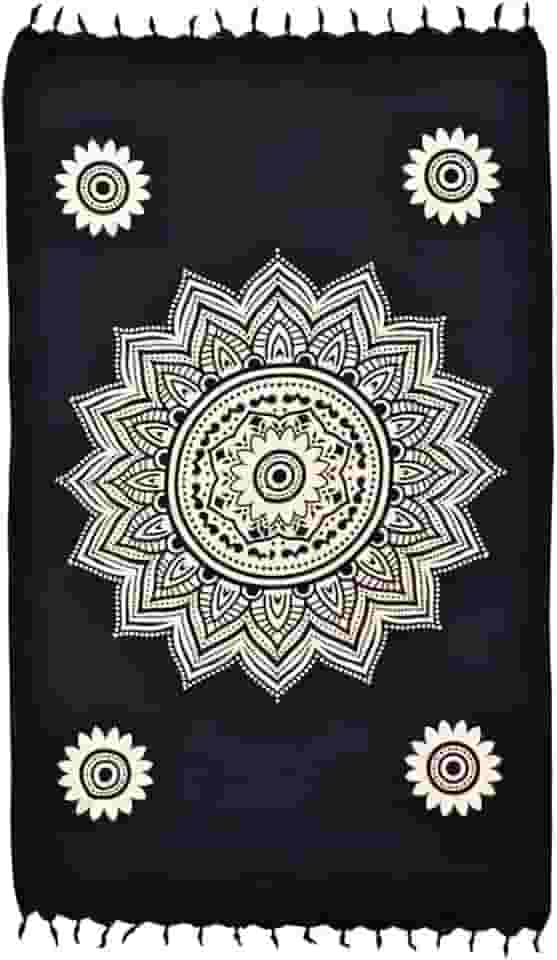 Canga de Praia Mandala, Saída de Piscina, Estampa Floral Preta e Branca com Franjas