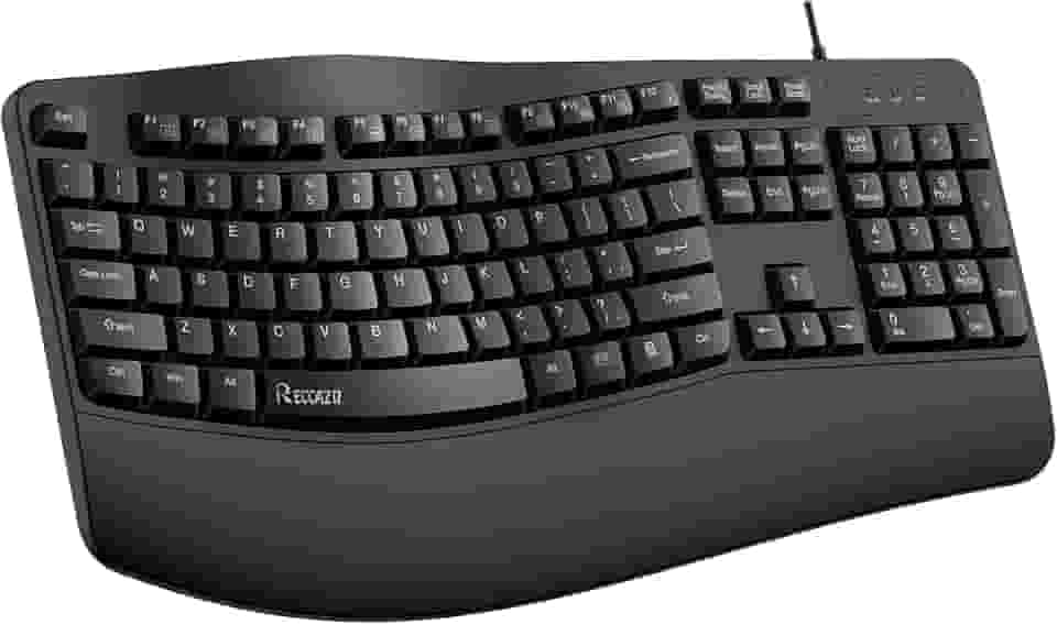 RECCAZR Teclado ergonômico, teclado USB para computador com fio com descanso de pulso, resistente a derramamentos, teclas onduladas para digitação natural, compatível com Windows/PC/laptop (preto)
