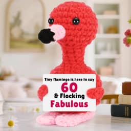 Presentes engraçados de aniversário de 60 anos para mulheres, mãe, avó, irmã, amiga, esposa, colega de trabalho - Feliz aniversário de 60 anos e fabuloso, mini flamingo emocional fofo feito à mão com