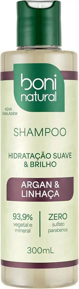 Shampoo Vegano e Natural de Argan e Linhaça, Para todos os tipos de cabelo, Hidratação e Brilho, Boni Natural, 300ml