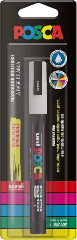 POSCA, UNI, Caneta Marcador PC-3M, Ponta Fine, traço de 0,9mm a 1,3mm, Branca, Blister com 1 Unidade