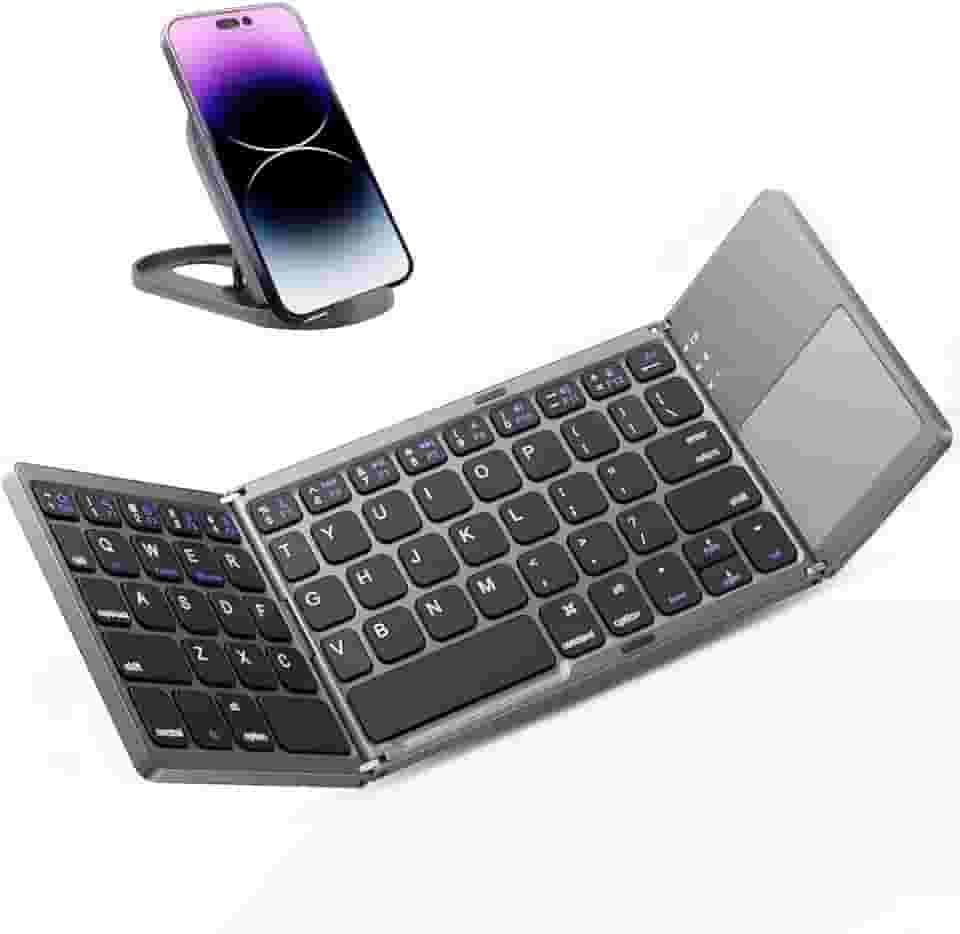 Teclados Bluetooth dobráveis com touchpad, teclados portáteis sem fio com suporte, recarregáveis, tamanho completo, ultrafino, bolso dobrável, para Android, Windows, iOS, tablet e laptop